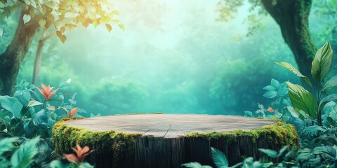 Wall Mural - A Wooden Stump in a Lush, Foggy Forest