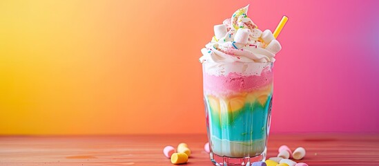 Aufkleber - Copy space image of a vibrant rainbow milkshake topped with marshmallows and whipped cream isolated on a charming table against a colorful backdrop