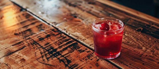 Poster - On a walnut table place a tumbler filled with red drink alongside a copy space image