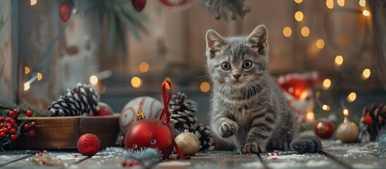 Poster - A playful grey kitten with a curious nature interacts with Christmas decorations and toys in a charming setting ideal for a card featuring adorable pets with copy space image