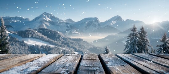 Fototapete - A weathered wooden board with snowflakes mountains forests a clear blue sky sunlight frost and copy space image