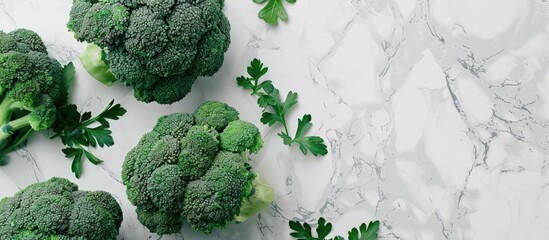 Poster - Fresh green broccoli in a flat lay arrangement on a light background with a designated area for additional text or images known as copy space image