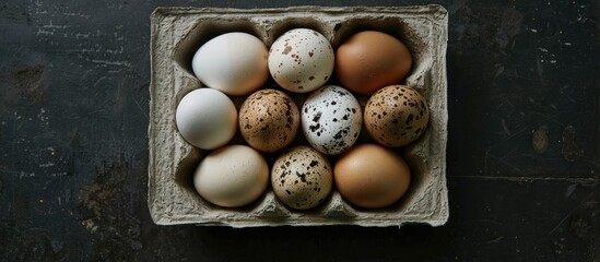 Aufkleber - Eggs from chickens and quails are arranged in a box against a dark backdrop providing a clear copy space image