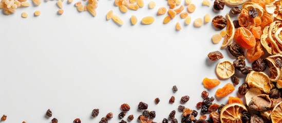 Wall Mural - Overhead view of dried fruits spread on a white backdrop providing copy space image