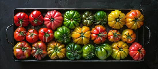 Poster - Tray with a variety of colorful organic tomatoes Red yellow pink and green varieties displayed on a black background with copy space image