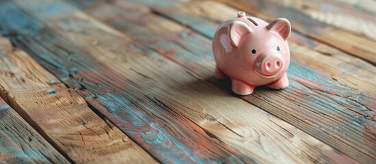 Poster - Wooden table top featuring a piggy bank with copy space image