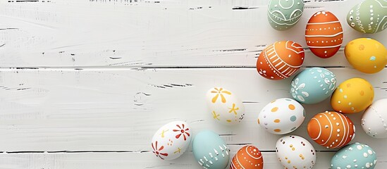 Sticker - Easter themed image with vibrant eggs on a white wooden backdrop ideal for Easter greetings or festive design projects Suitable as a background or card Studio shot copy space image