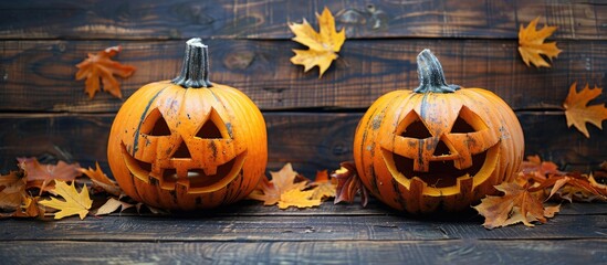 Poster - Two Jack o lantern pumpkins with different expressions arranged horizontally on a dark wooden surface set against a backdrop of autumn leaves offering copy space for an image