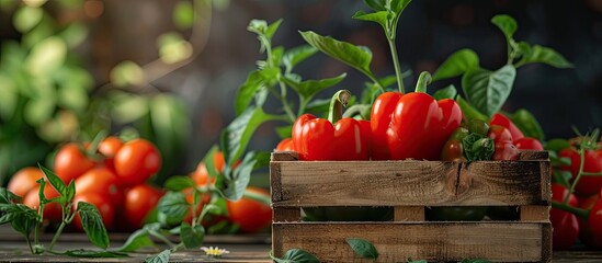 Poster - Red sweet pepper displayed in a wooden box within a garden with a blank space for adding an image. Creative banner. Copyspace image