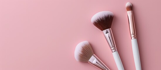 Poster - Makeup brushes on a soft pink backdrop ideal for showcasing in magazines or social media Top down view with ample copy space image