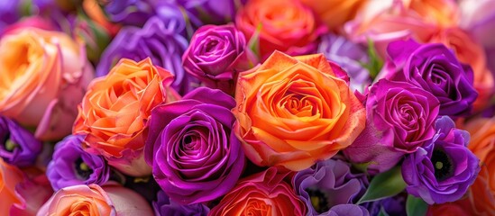 Poster - Vibrant orange and purple rose and ranunculus bouquet in a close up copy space image