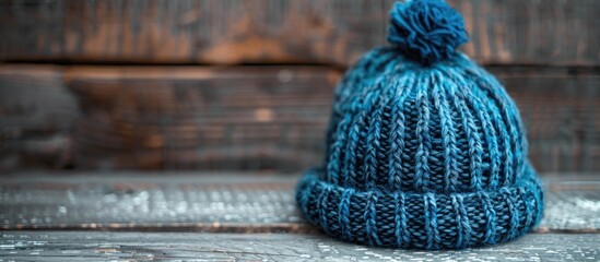 Fototapete - Knitted wool hat displayed on a wooden surface with copy space image