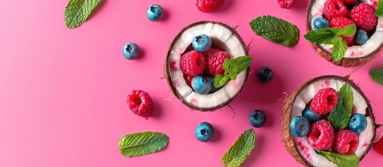 Poster - Top down view of a pink background with ripe coconuts filled with organic berries and mint leaves featuring a pop art design and creative summer concept in a minimal flat lay style with copy space ima