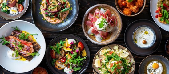 Sticker - Food dishes arranged neatly on the restaurant table with a picturesque copy space image