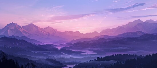 Canvas Print - Sunset in the mountains with lavender hues offering a stunning view for a copy space image