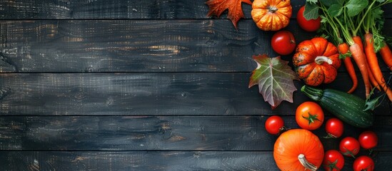 Poster - Fresh autumn seasonal vegetables on a dark wooden background with copy space image Depicting healthy food vegetarianism and clean eating capturing the essence of harvest gardening and Thanksgiving da
