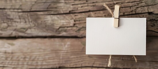 Poster - Wooden clothes pin and blank paper on retro wood backdrop provide copy space for an image