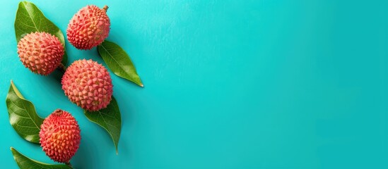 Sticker - Top view of a lychee fruit placed on a colored background with ample copy space image