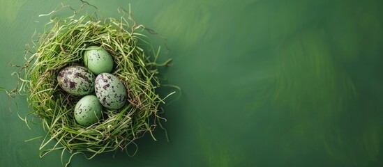 Canvas Print - Nest of artificial grass with Easter eggs on a green backdrop leaving room for a copy space image