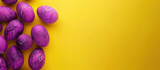 Canvas Print - Top down perspective showing purple Easter eggs against a yellow backdrop with ample space for additional imagery