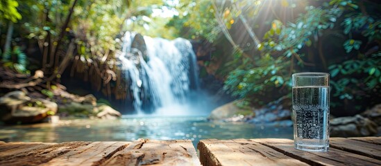 Aufkleber - Wooden surface by a cascading waterfall with a glass of fresh water ideal for a copy space image