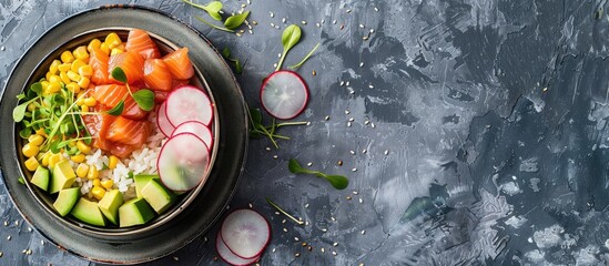 Poster - Top view of a Hawaiian poke or buddha bowl featuring salmon rice cucumber corn radish and avocado on a gray backdrop with copy space image