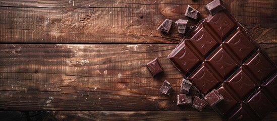 Poster - Mouthwatering milk chocolate on rustic wooden surface arranged from above for text placement Ample copy space image