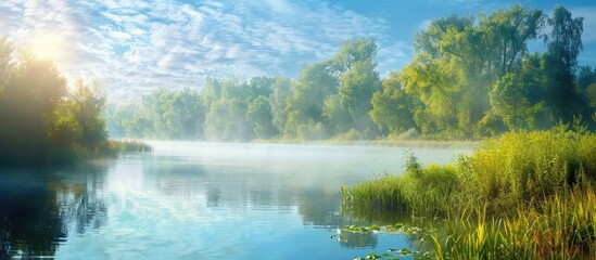 Sticker - Serene and tranquil summer morning by the river or lake with mist adding to the beauty of the colorful scenery Perfect for nature themed projects with copy space image horizontal format and enhanced