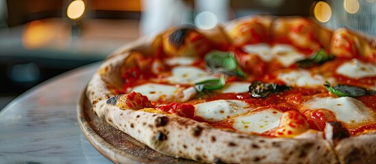 Poster - Selective focus on a delectable Pizza Margarita showcasing rich tomato sauce and Mozzarella cheese leaving room for a captivating copy space image