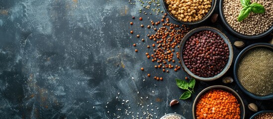 Poster - Nutritious diet featuring protein rich vegan options like grains and legumes seen from above in a copy space image
