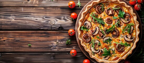 Aufkleber - Tasty mushroom quiche on a wooden table top view for text on a copy space image