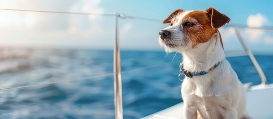 Poster - Ocean view provides background for a side view of a Jack Russell Terrier on a boat with room for additional content in a copy space image