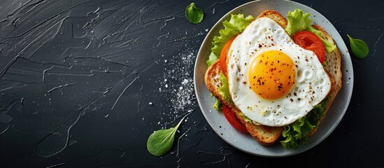 Poster - Top view of a sandwich with fried eggs on a plate placed on a black desk with copy space for text in the image