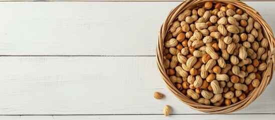 Aufkleber - Fresh peanuts in a basket on a white wooden table viewed from the top with copy space image