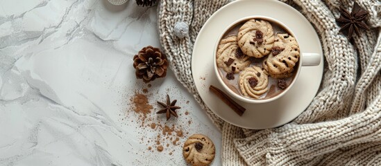 Aufkleber - A knitted scarf cocoa cookies on a white plate and a white table are showcased in the copy space image