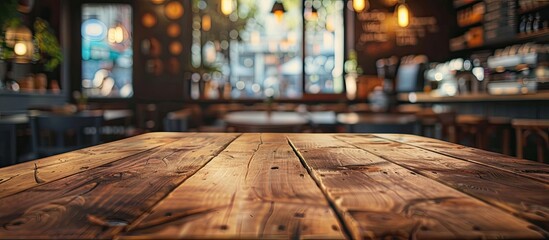 Poster - An empty brown wooden table with a blurred Coffee shop or restaurant background creates a perfect copy space image for your photo compositions or product showcases