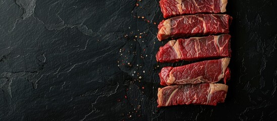 Poster - Top view of a neatly sliced Top Blade steak from black Angus cattle on a dark backdrop with room for text or other elements in the image. Creative banner. Copyspace image