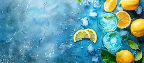 Aufkleber - Background showcasing a refreshing summer theme featuring blue detox water fresh slices of lemon and ice cubes with copy space image