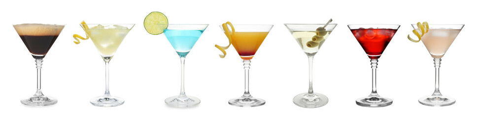 Poster - Many different cocktails in martini glasses isolated on white, collection