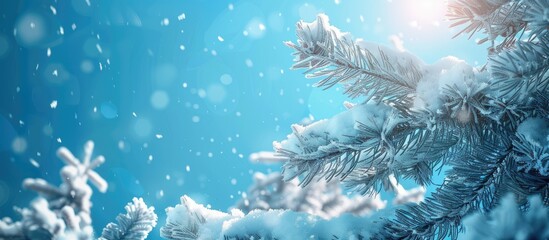 Poster - A picturesque winter landscape featuring snow covered fir branches with a clear blue sky creating a magical scene in a park with a sunny and bright ambiance ideal for a copy space image