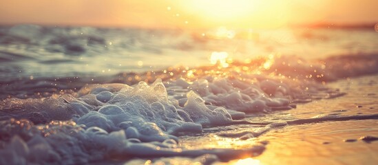 Poster - Sunset on a tropical beach with soft waves and blurred sunlight in the background ideal for a business summer vacation concept with vintage filter style and ample copy space image
