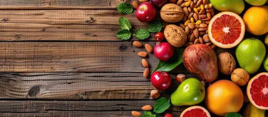 Poster - Top view of fresh fruits vegetables and nuts on a wooden background creating a healthy food concept with available copy space image