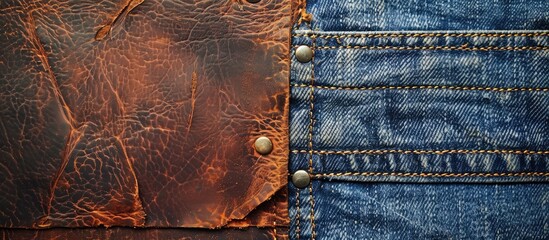 Aufkleber - Copy space image on a label of brown leather with a textural appearance against a background of blue denim jeans