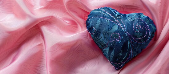 Poster - Heart shaped blue textile with embroidered lines set against a pink fabric backdrop ideal for a copy space image