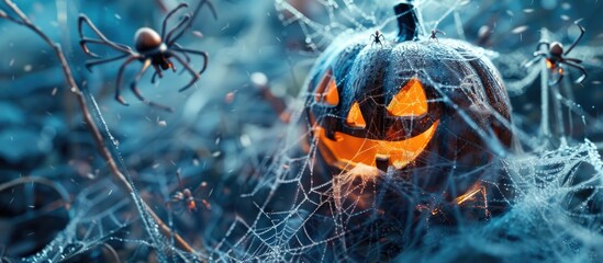 Poster - Halloween s concept is illustrated by a pumpkin headed figure surrounded by spiders and cobwebs in this copy space image