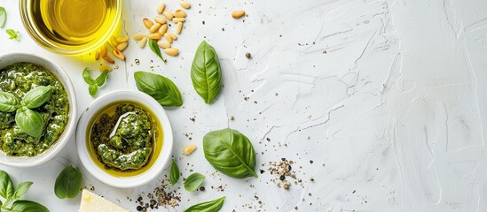 Poster - Food ingredients for green pesto sauce including olive oil basil parmesan and pine nuts placed on a white background with a copy space image