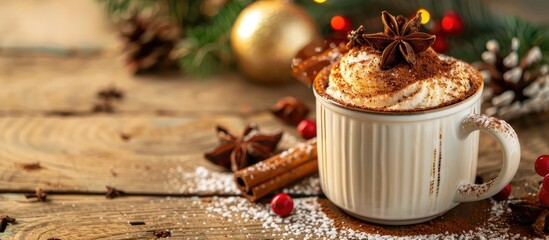 Poster - Quick Christmas breakfast idea A festive mug cake with traditional winter spices in a Christmassy setting with copy space image on a wooden background