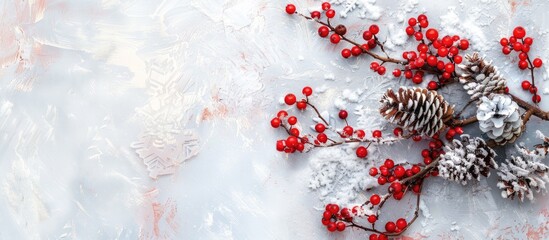 Poster - A snowy Christmas tree branch adorned with viburnum berries and cones creating a festive banner in a flat lay copy space image