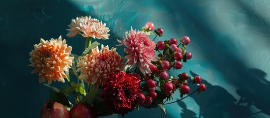 Poster - Emerald background showcasing a bouquet of chrysanthemums and pomegranate fruit providing ample copy space image
