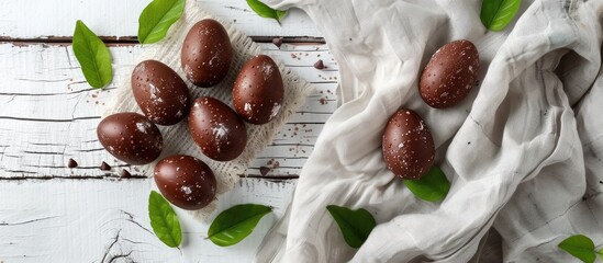 Aufkleber - Easter themed chocolate eggs on a white wooden surface with natural linen fabric and green spring leaves for a rustic backdrop in a photo with empty space for design elements. Creative banner